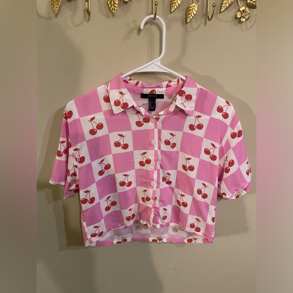 Checkered Cherry Button-up Crop Top